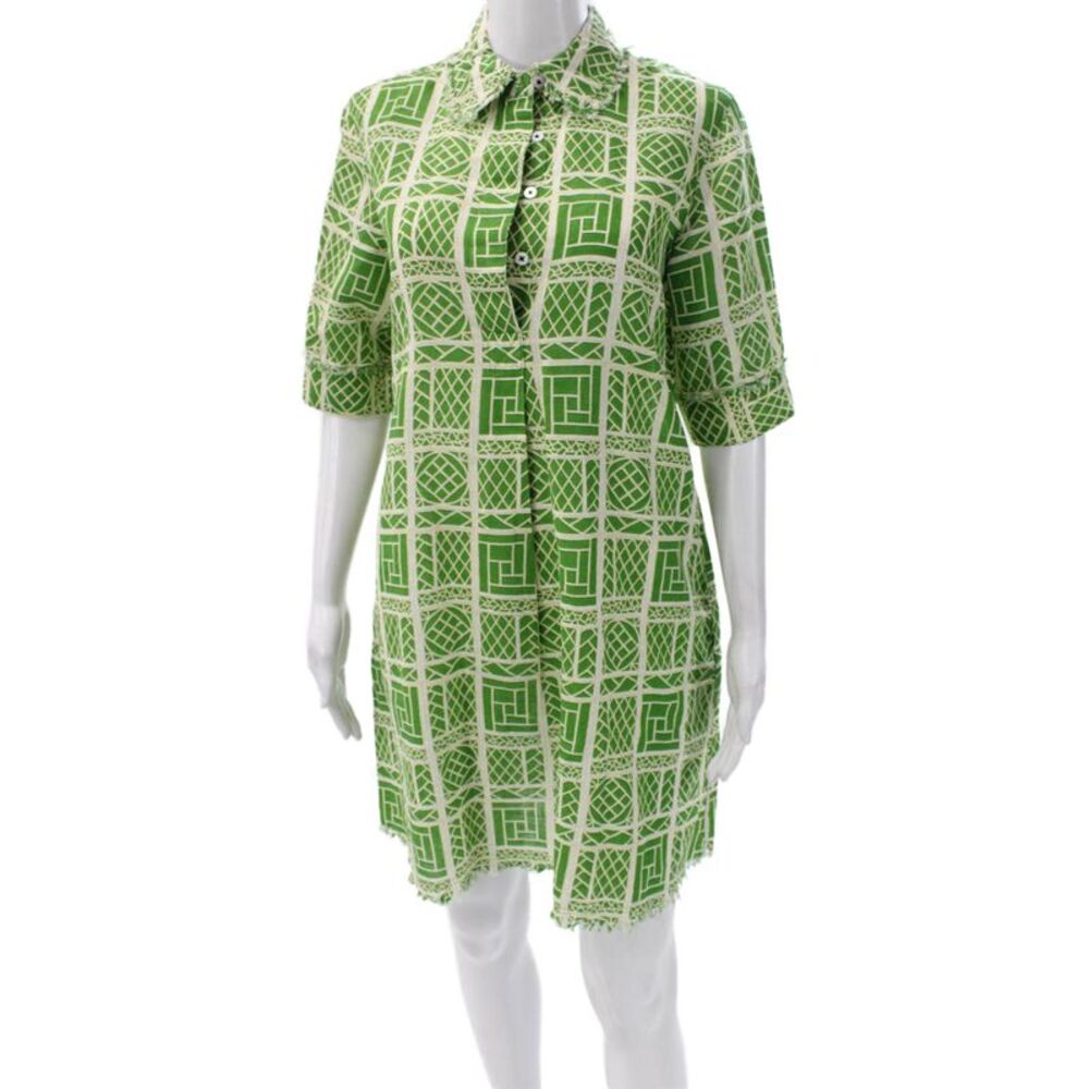 Dizzy Lizzie Women Green Shirt Dress Collared Short Sleeve Linen Cotton Size XS
